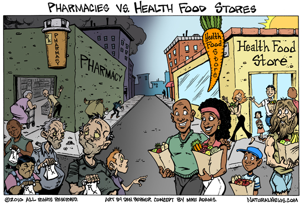 Pharmacies Vs. Health Food Stores (cartoon)